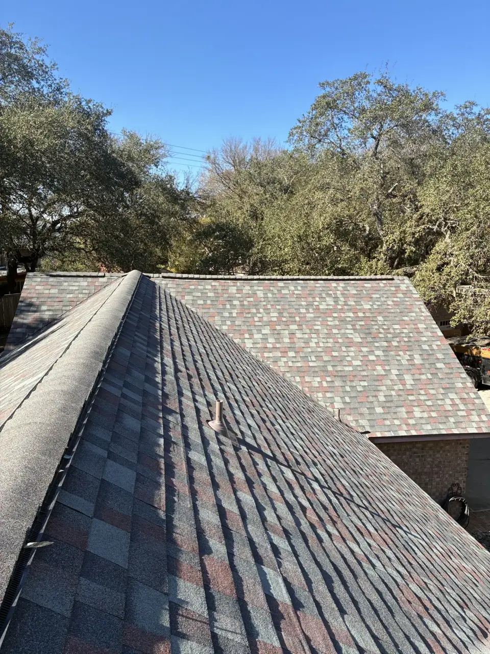 Shingled roof ridge surrounded by trees