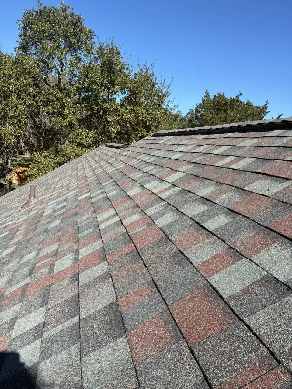 Close view of multicolored roof shingles