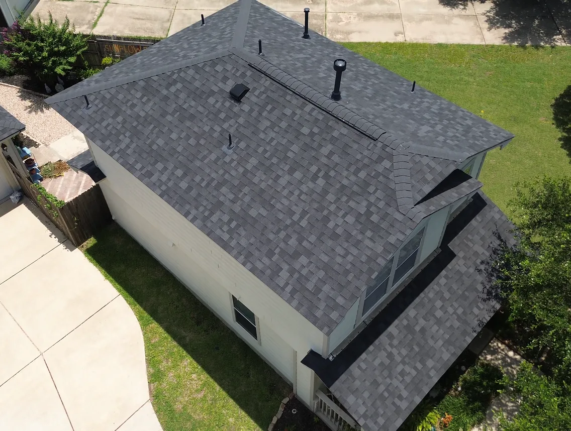 Aerial view of a finished gray shingle roof