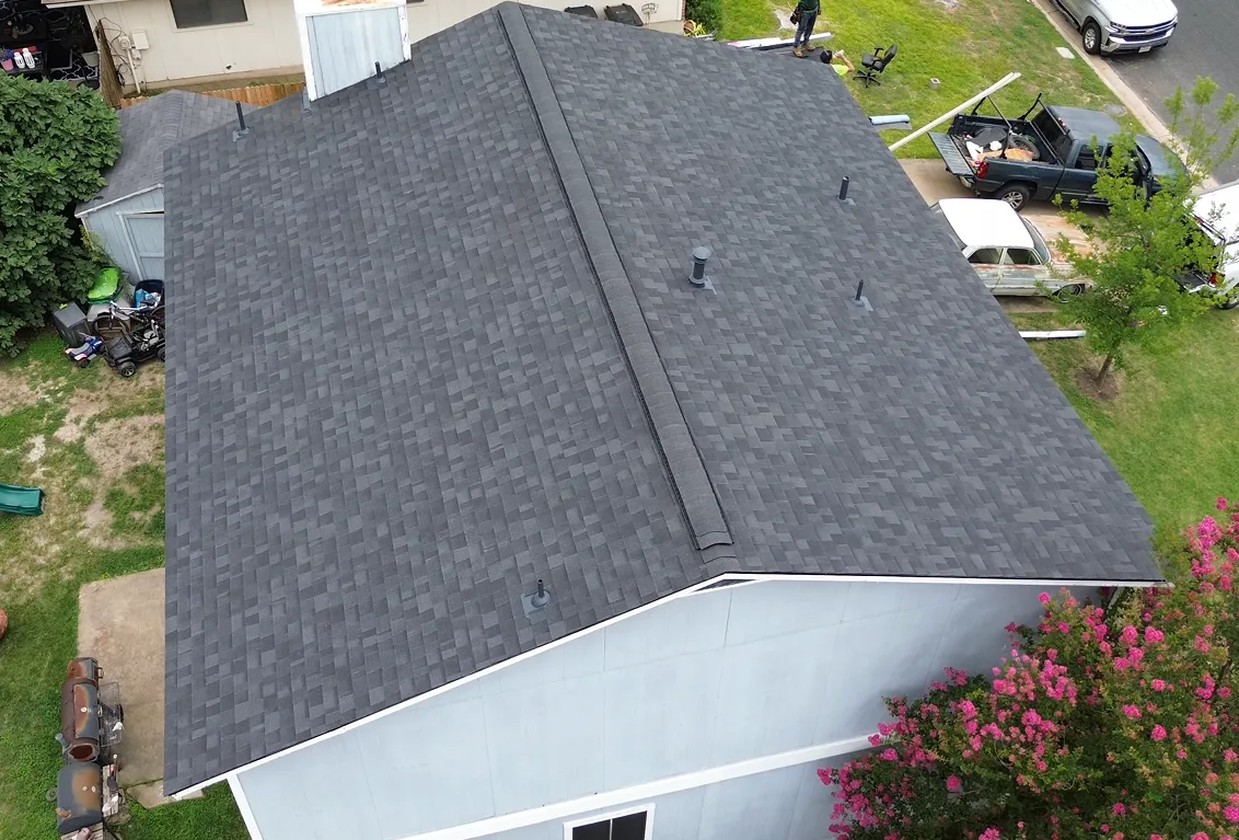 Aerial view of shingles and roof vents