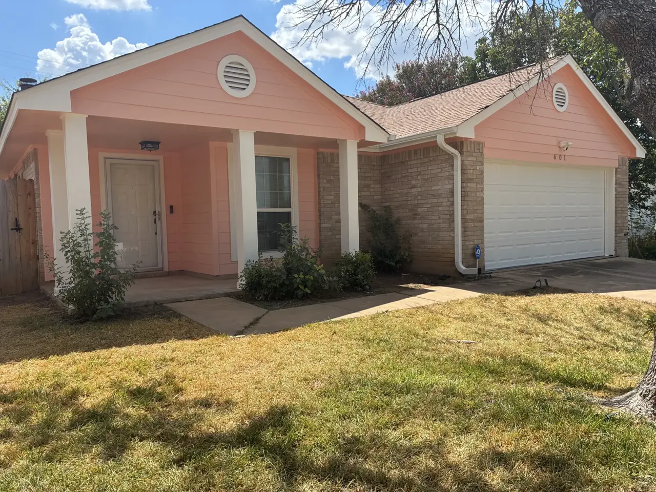Pink horizontal siding beside a garage