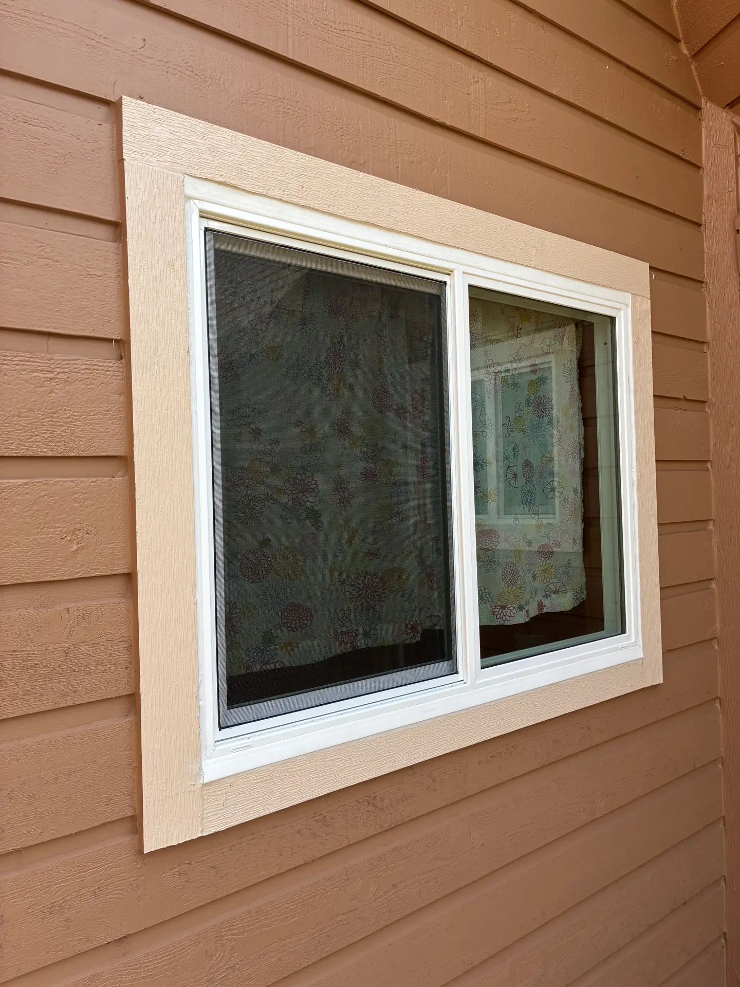 White trimmed rectangular window in brown siding